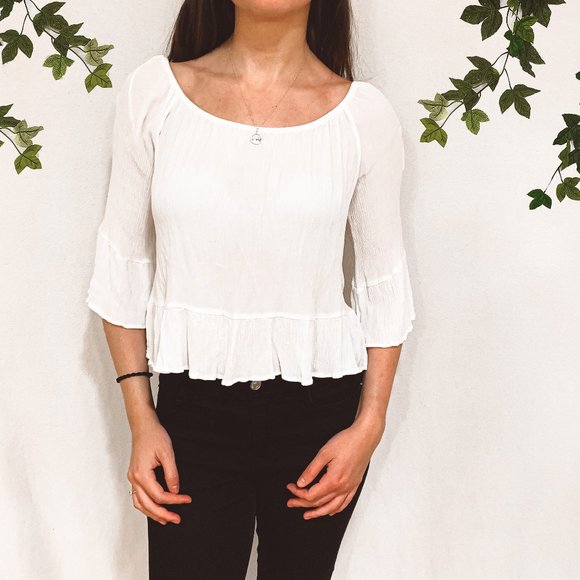 Zara Ruffle Peplum Top Blouse 3/4 Bell Sleeves white professional summer spring - Picture 1 of 12